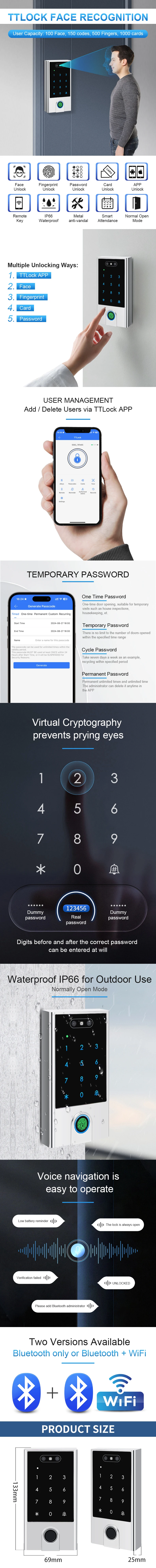 Waterproof TTlock Face Recognition Card RFID Reader Fingerprint Door Lock Access Control Keypads