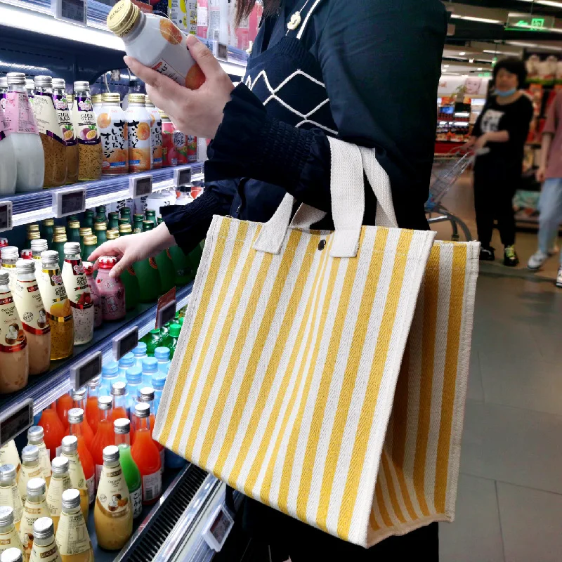 Reusable Stripe Large Capacity Custom logo  with Cotton Tissue Waterproof  Canvas Shopping Tote Yoga Travel  Bag