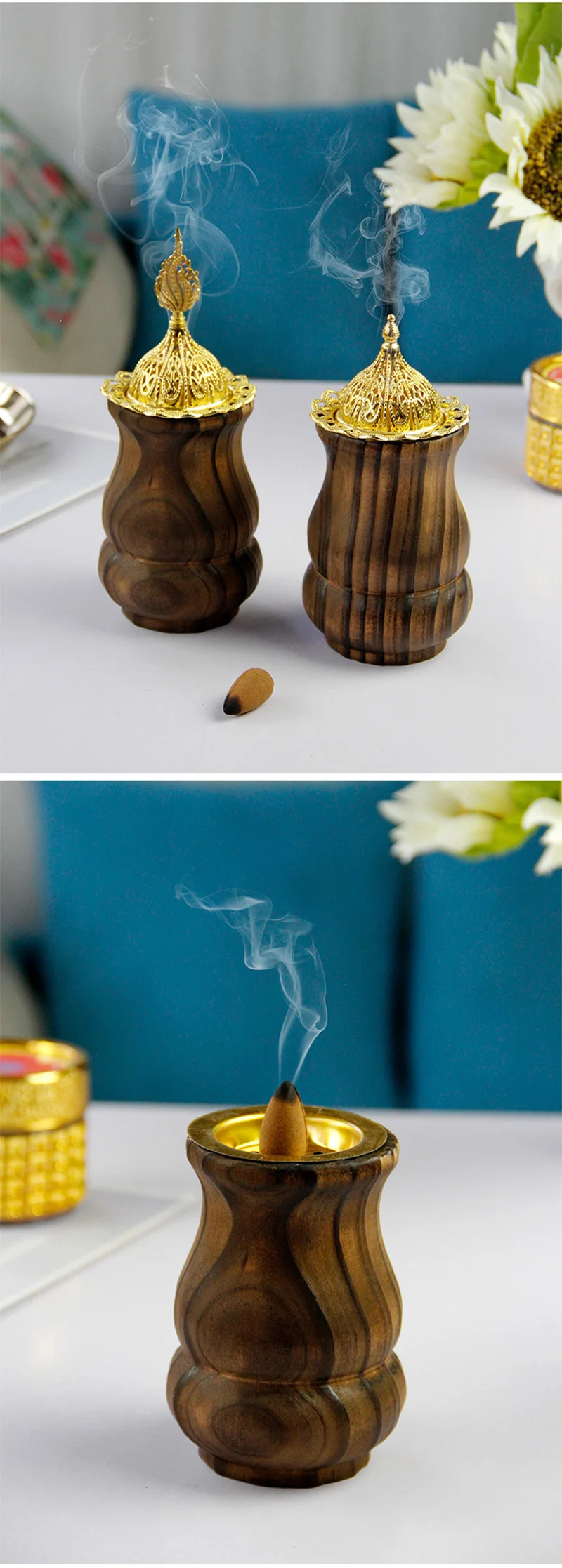 Vintage Handheld Wooden And Gold Metal Incense Burner With Wood Grain ...