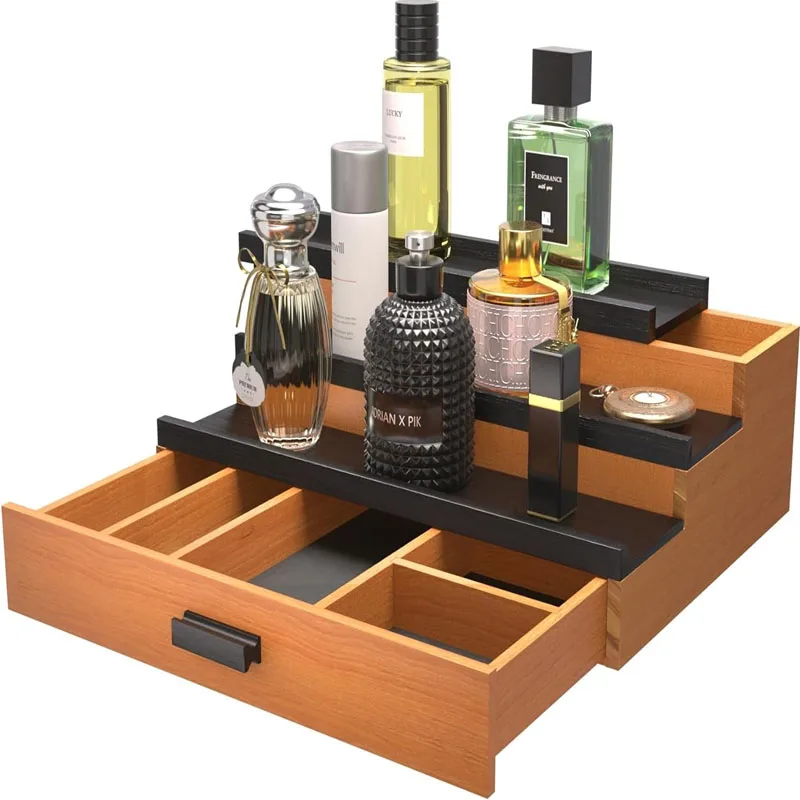 Supporto in legno a 3 ripiani con cassetto e scomparto nascosto