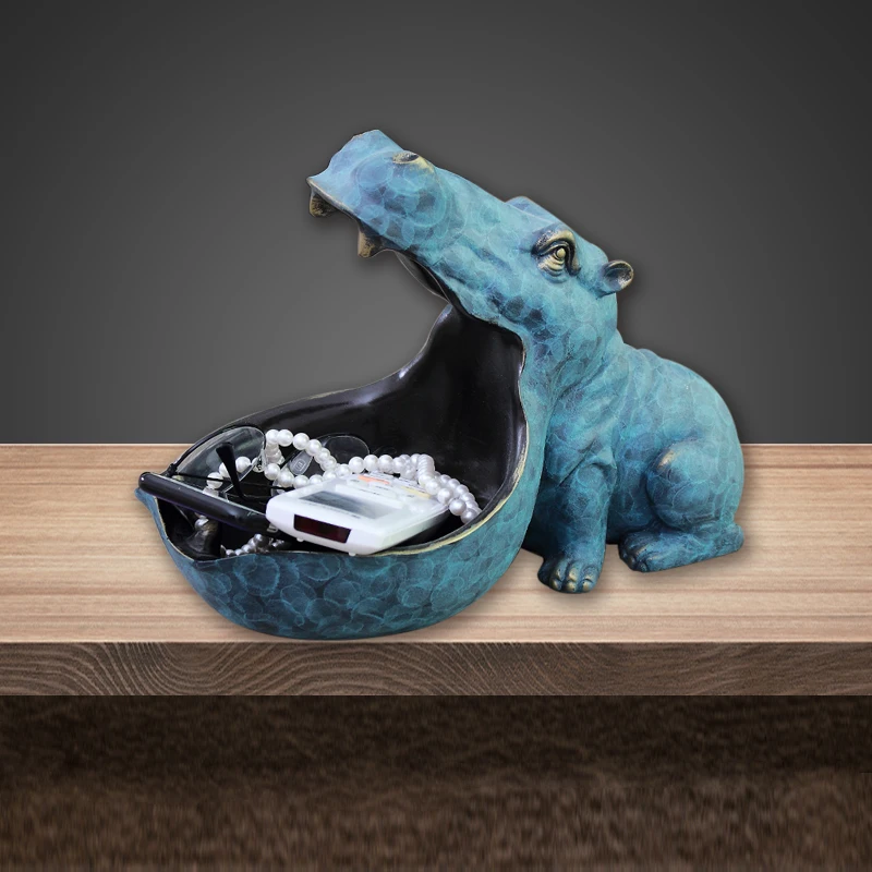 Figurine Hippopotame Bol à Bonbons & Porte-Clés - Résine Déco Bureau 21cm - Cadeau Original