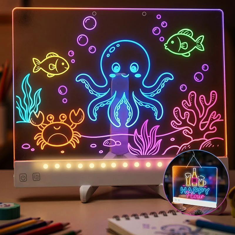 Colorful Acrylic Light-Up Drawing Board with Hanging Chain Rechargeable LED Memo Board for 5 to 7 Years