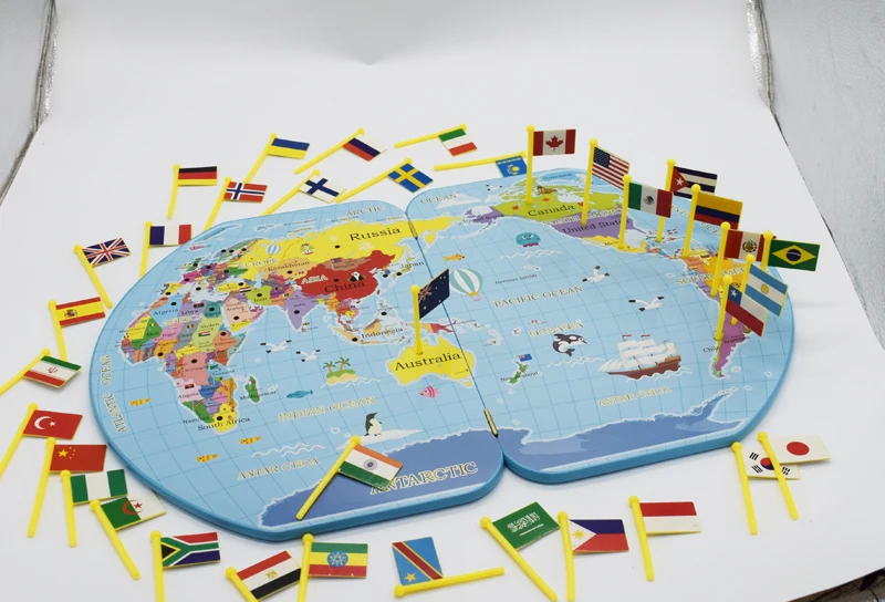 子供用 世界地図 パズル 国旗付き 木製 モンテッソーリ 教材 知育玩具