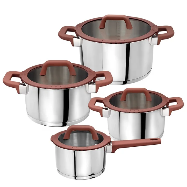 Wholesale customization kitchen 8pcs cooking pots stainless steel non stick cookware set with nylon handle
