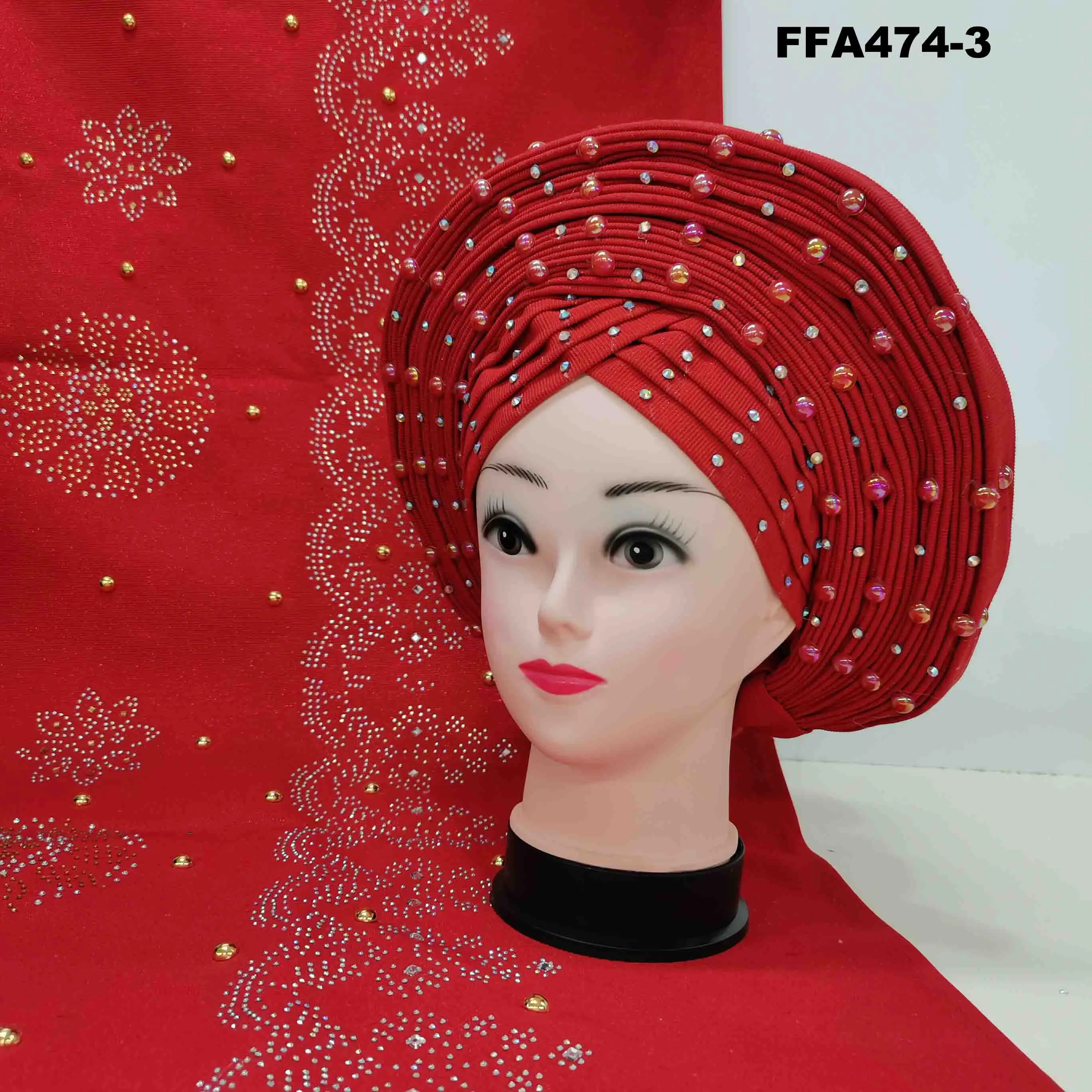 尼日利亚gele headtie时尚aso oke headtie配珠子黄色