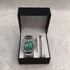 Reloj verde plateado + pulsera plateada + caja
