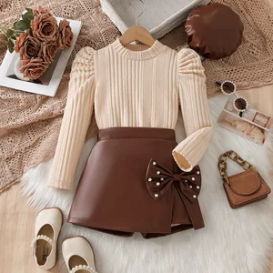 2026 New Arrivals Korean Fashion Teenage Girl Clothing Long Sleeve Knit Top Leather Skirt Hat 3 Pcs Set Fall Winter Kids Clothes