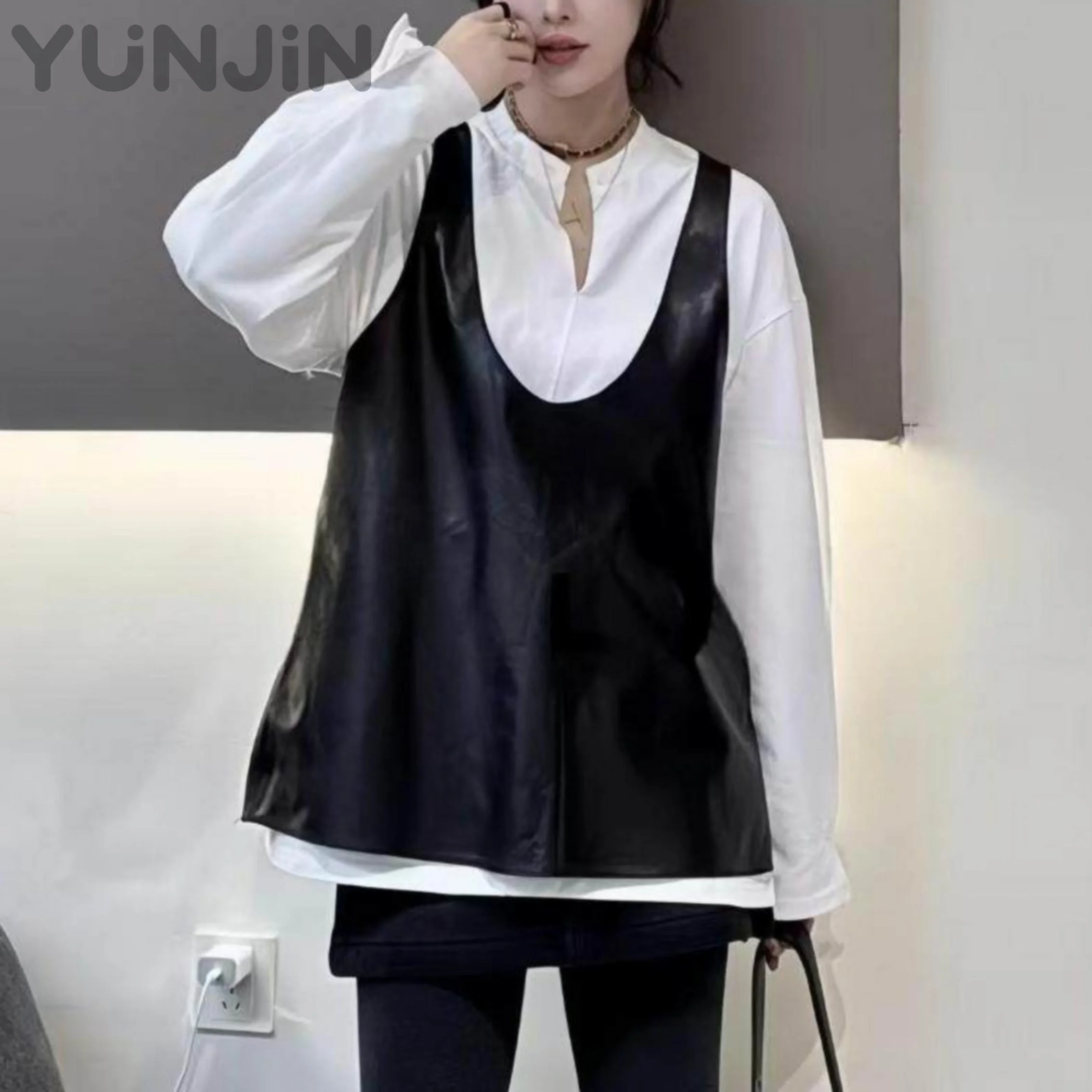Women Sheep Leather Vest Oversized Sleeveless Waistcoat Jacket