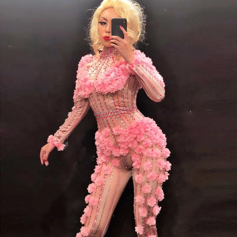 Sexy Pink Flowers Cute Jumpsuit Rhinestones One Piece Dance Sparkly Costume  Women's Birthday Outfit Stage Singer Performance Wea