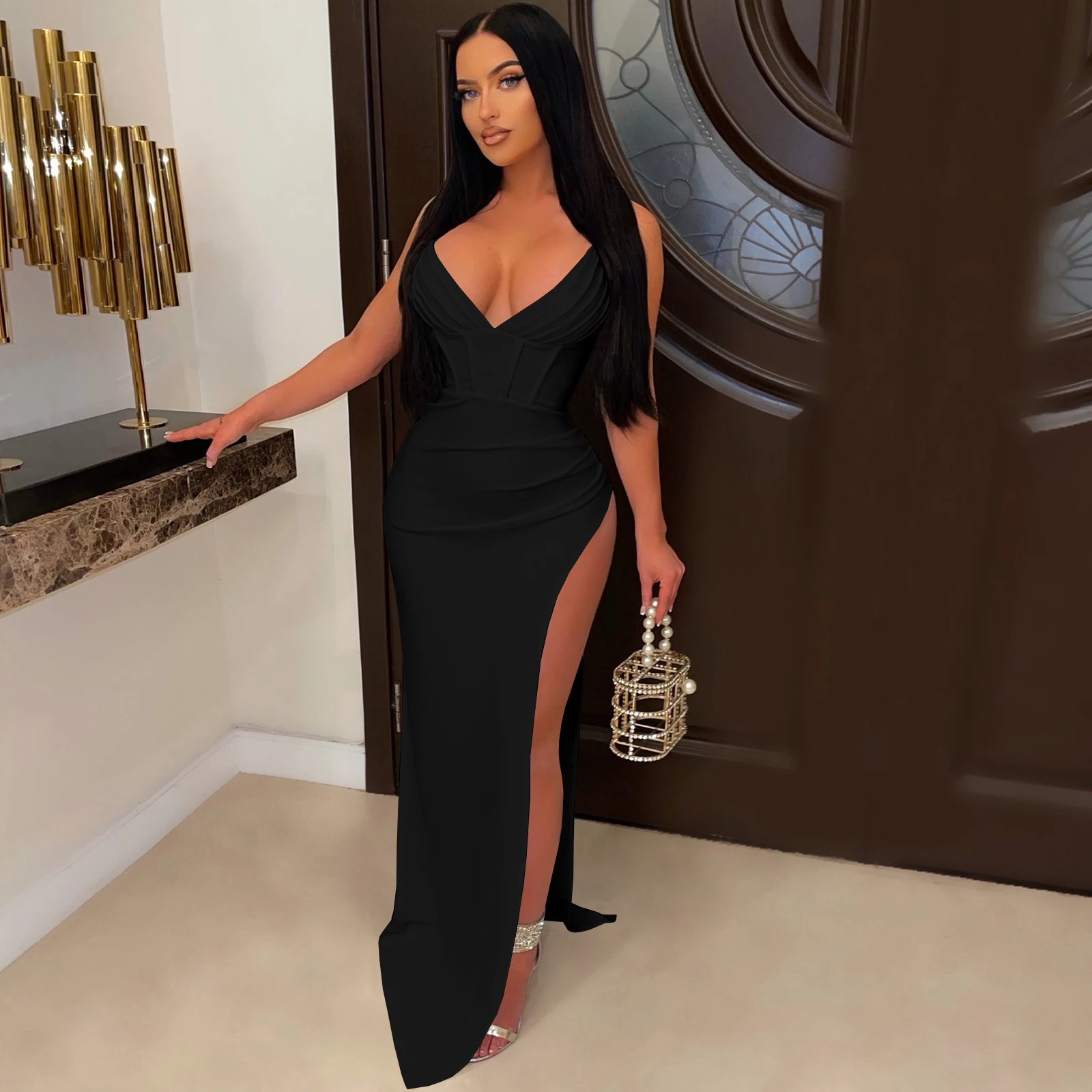 Новое поступление однотонное вечернее платье с V-образным вырезом и плиссированной талией длинное большим разрезом для