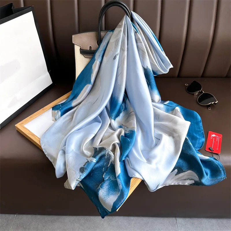 New Elegant Blue Purple Flowers Pattern Printed Silk Scarves  display picture 2