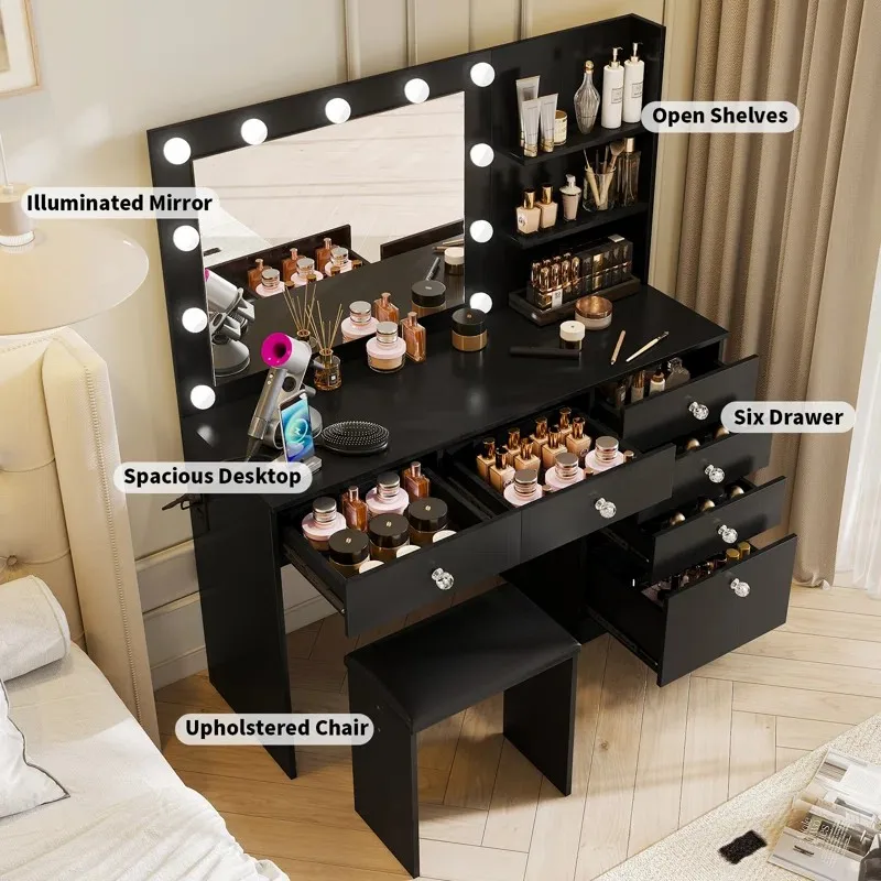 black makeup dressing table Adeline Glass Top Storage Makeup Dressing Table Desk in Black