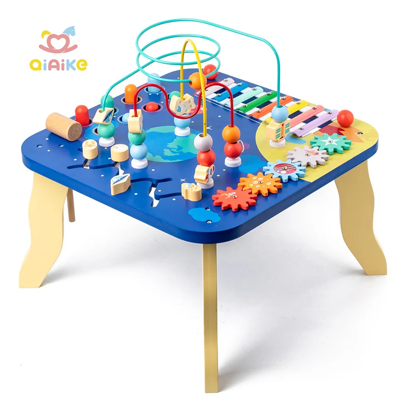 Qiaike 5 In 1 Multifunction Educational Busy Board Montessori Wooden Activity Bead Maze Table For Kids Sensory Teaching