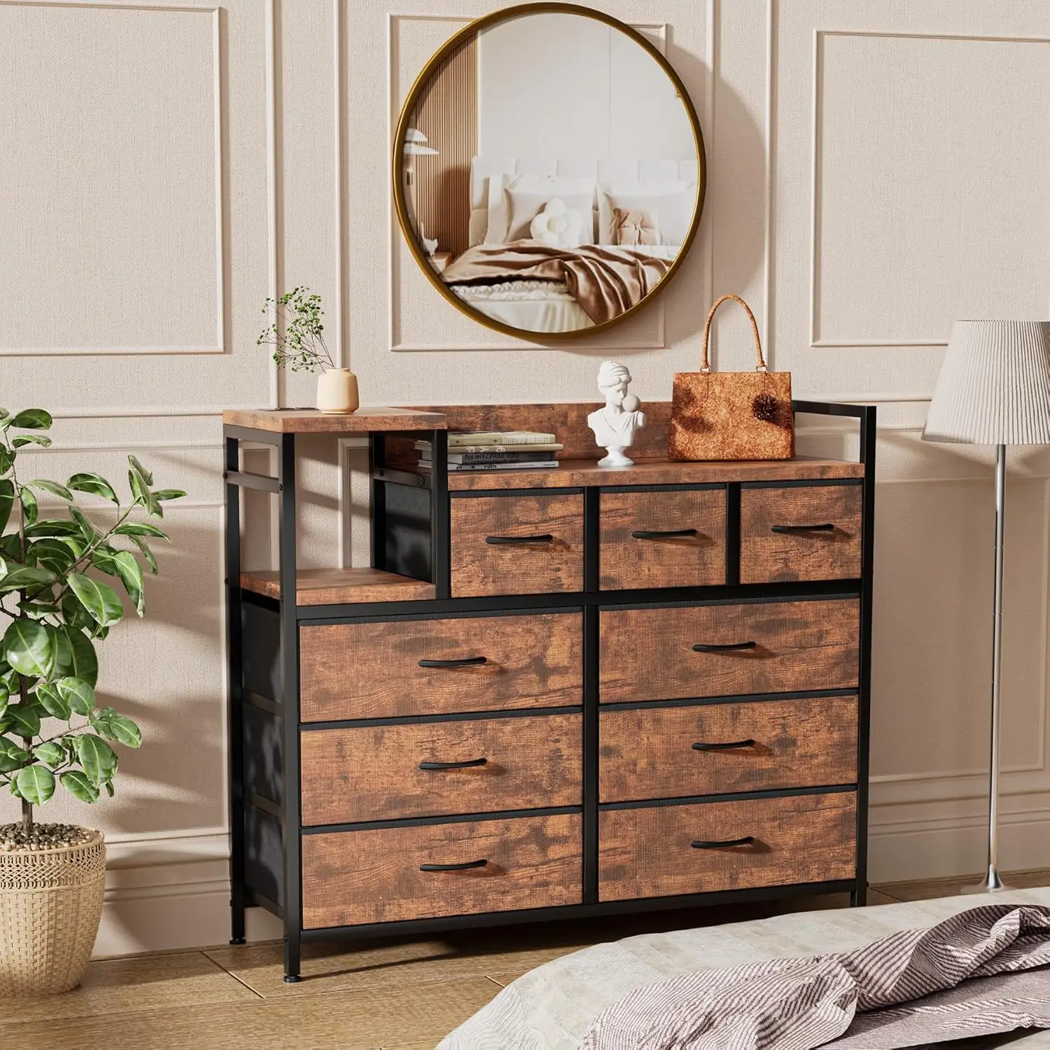 Living Room Hallway Rustic Brown 9 Drawers Dresser TV Stand Power Outlet  Bedroom Chest of Drawers Fabric Drawer