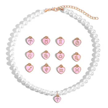 2022 New Design Fashion Enamel Pink Heart Pendant 12 Constellation Pearl Beaded Zodiac Sign Choker Necklace For Women