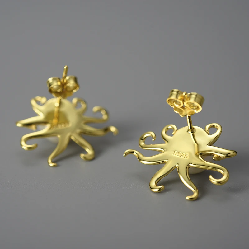 Lotus Fun Factory Price Pure 925 Sterling Silver 18k Gold Plated Octopus Ocean Elements Stud Earrings Fine Jewelry for Women