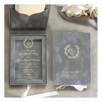 Wholesale Elegant Customized Grey Box Velvet Invit Card Silk Acrylic Wedding Invitation Luxury