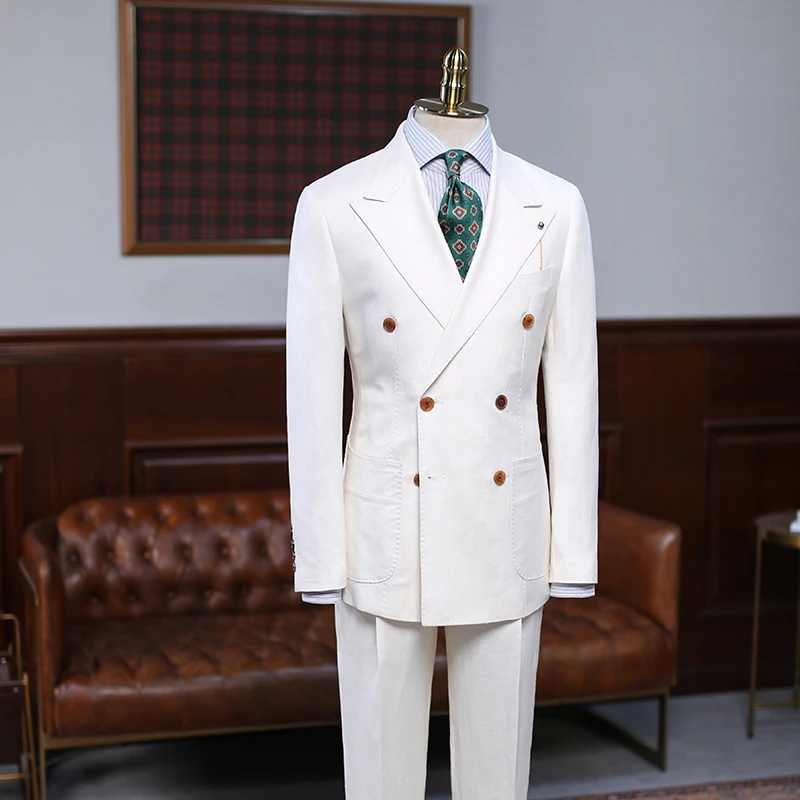 Retro Style Plain Linen Cotton Blend Double Breasted Wide Peaked Lapel 2-Piece Men's Suit