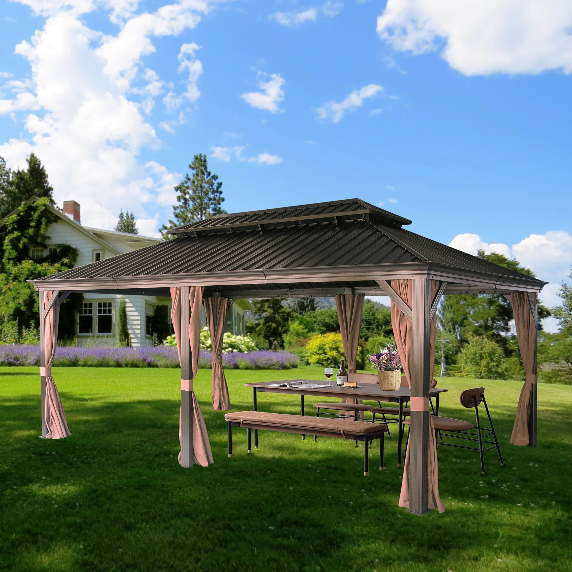 Nowensol 12 'x 20' Hard Top Pavilion Gazebo,Galvanized Steel Doublelayer Roof Aluminum Pavilion