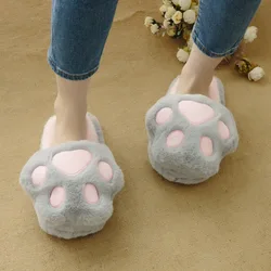 Cotton slippers female simulation rabbit fur cat paw slippers indoor home plush pantuflas