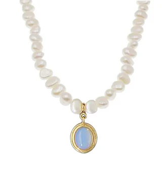 Women 18k gold plated opal baroque white real natural fresh water pearl necklace choker pendant