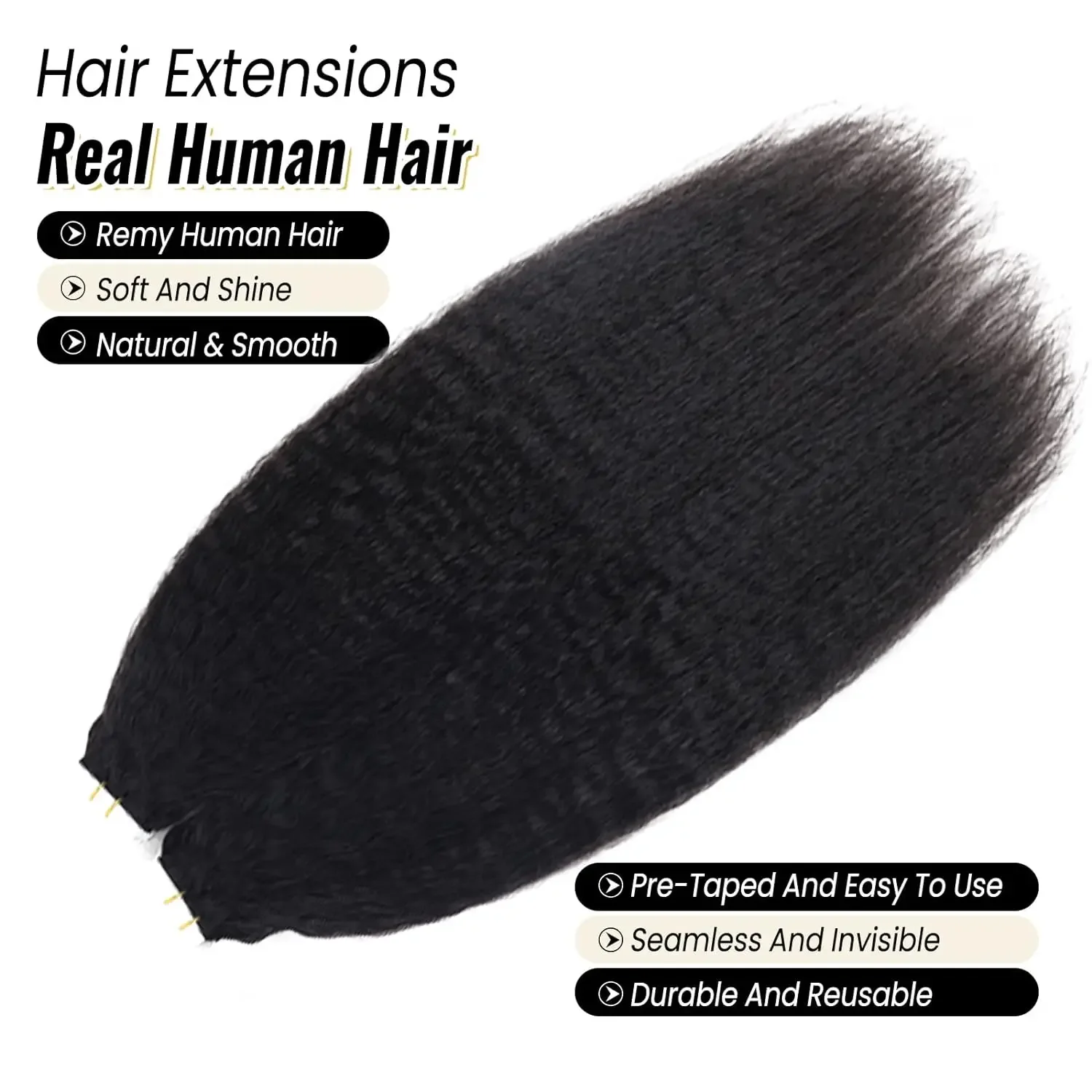 Kinky Straight Tape In Hair Extensions Brazilian Remy Full Head Human Hair Black Skin Weft Women_voghion.com