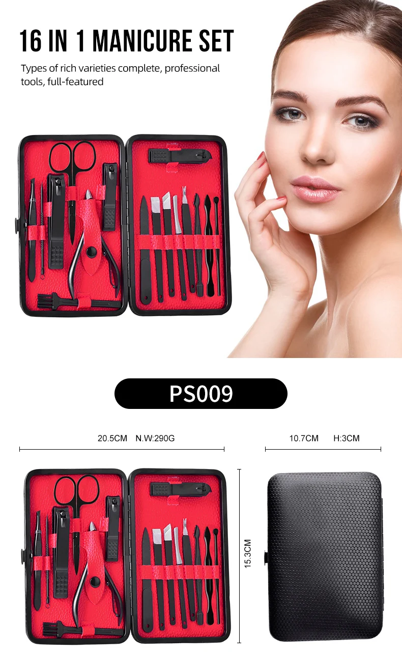 16pcs Professional Manicure Pedicure Tools Stainless Steel Nail Clipper Sets Black Manicure Kit