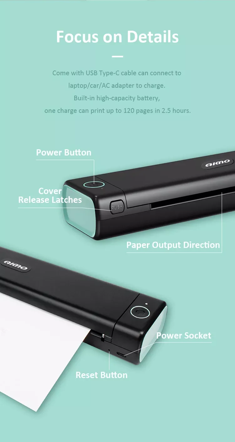 China Manufacturer M08f No Ink Portable A4 Printer Mini Wireless Mobile