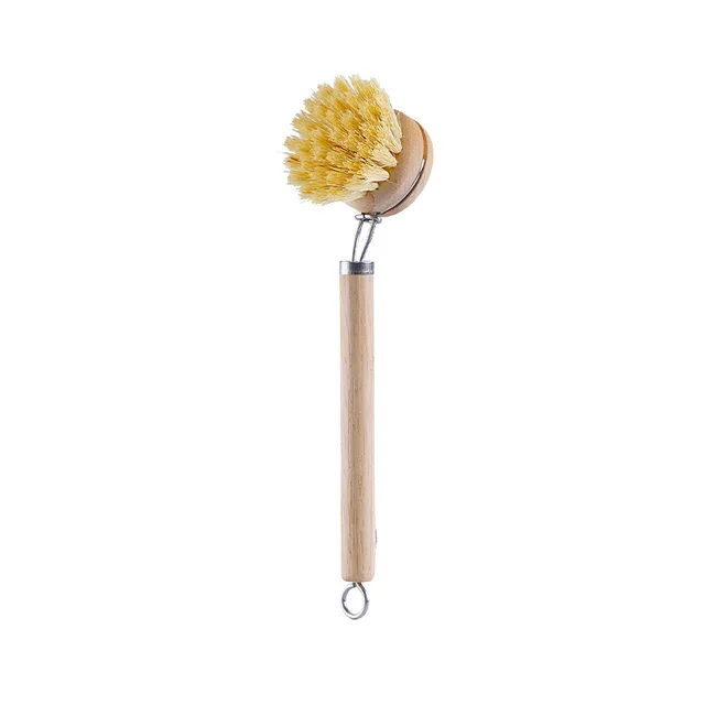 Long handled pot brush replaceable brush head natural soft bristled horse hair sisal coconut palm cleaning brush solid wood hand