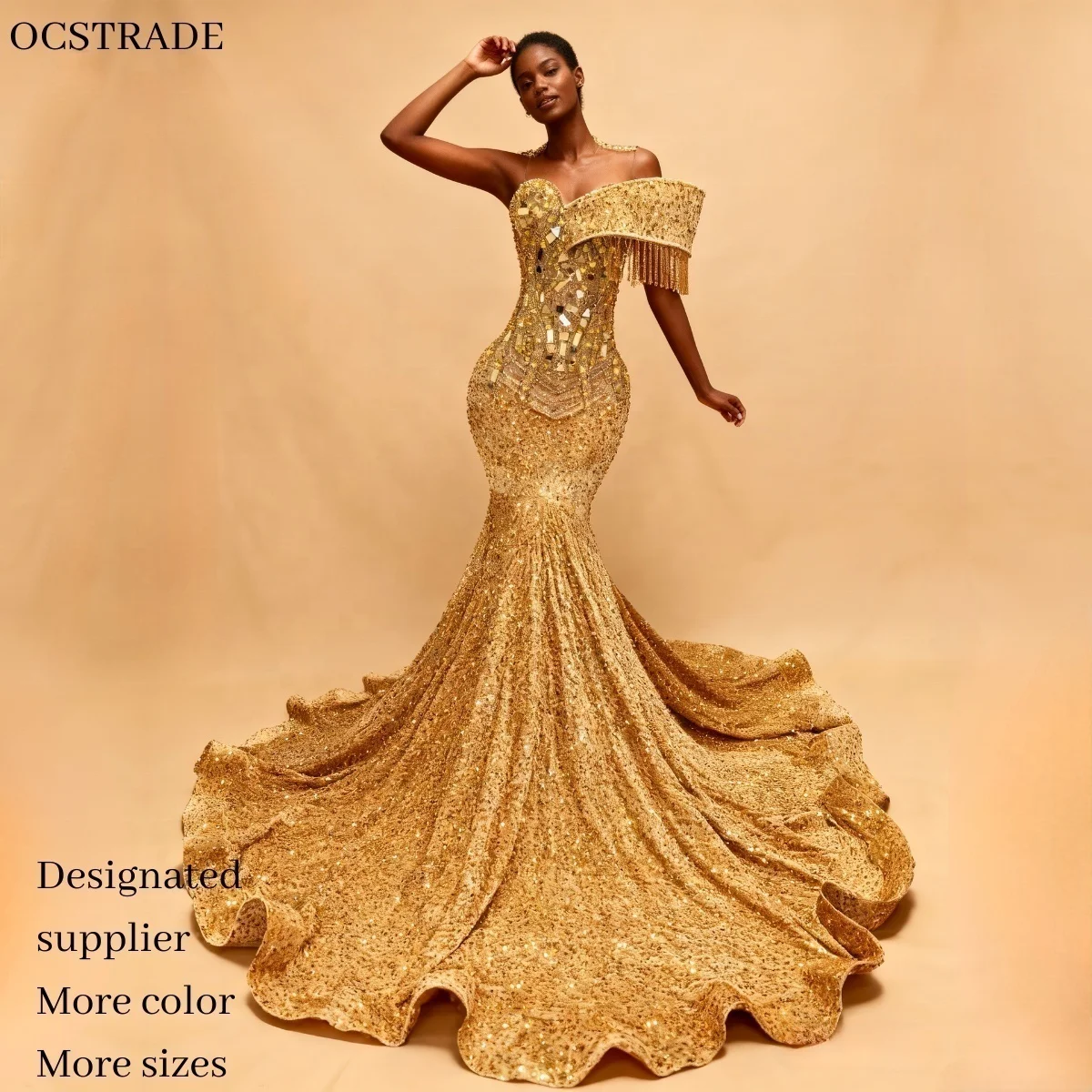 green emerald velvet dress Gold Sequined Off Shoulder Lace Long Prom Dresses, Evening Dress CMS21 –  cathyprom main image 1