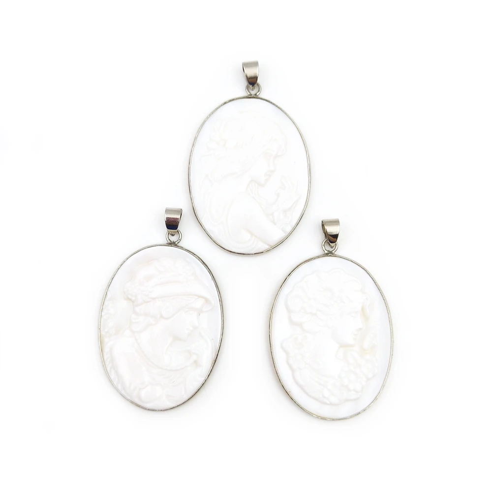 Bulk Wholesale New Romantic Lady Design Loose Hand Carved White Shell Cameo Pendant Silver Bezel Natural Gemstone Christmas Gift