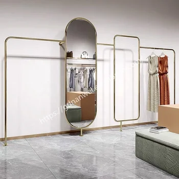 Custom Boutique Gold Clothing Wall Mounted Rack Clothes Shelving Garment Display Rack Clothing Store Furniture