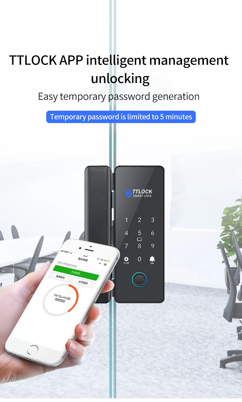 K190 Bluetooth Fingerprint Glass Door Lock Remote Control TTLock Mobile App Passcode Rfid Card Smart Lock Support WIFI Gateway