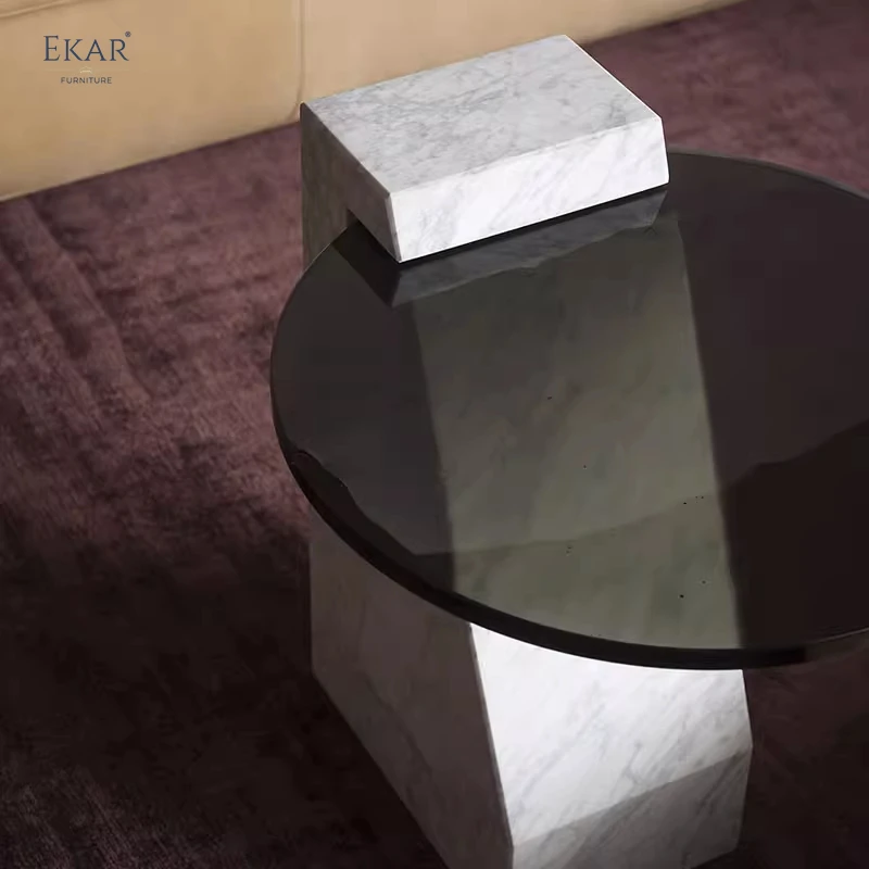 product elegant fine grained white natural stone base with grey tempered glass top side table-62