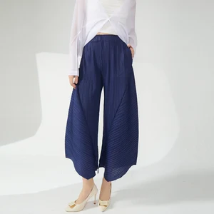 Summer Newest Miyake Woven Wide Leg Pants Casual Style With Elastic Waist Elastic Decoration Loose Fashion Design for Women