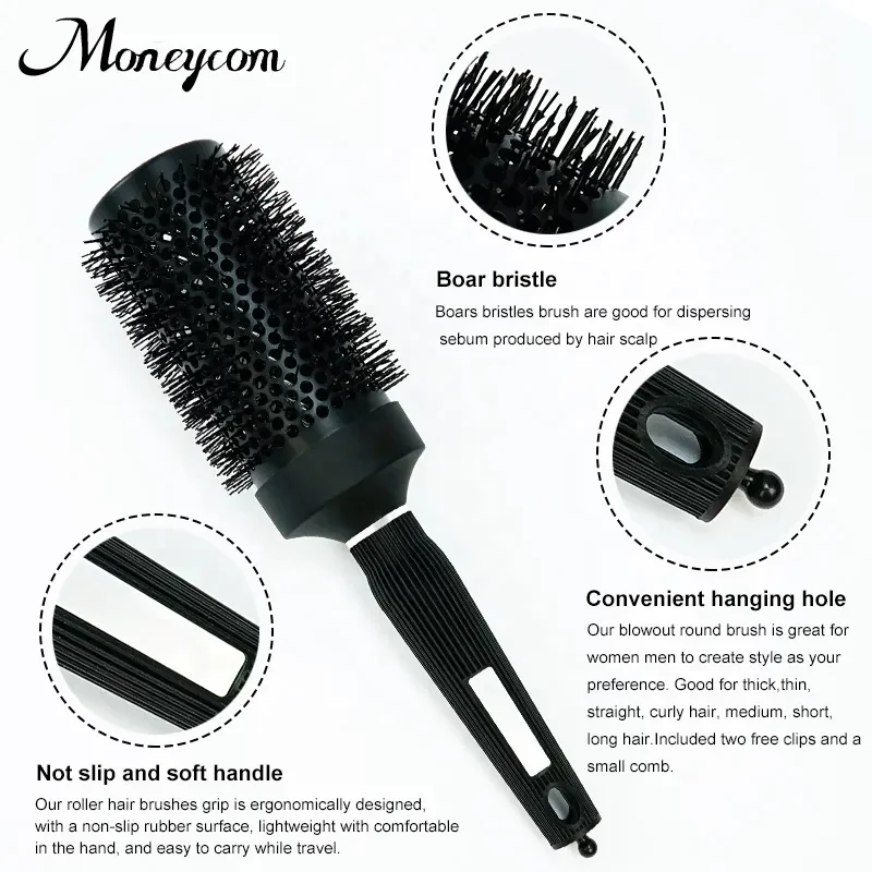 Черная нейлоновая керамическая термокерамическая щетка для волос ионная щетина свиного кабана мягкая средняя твердая 360