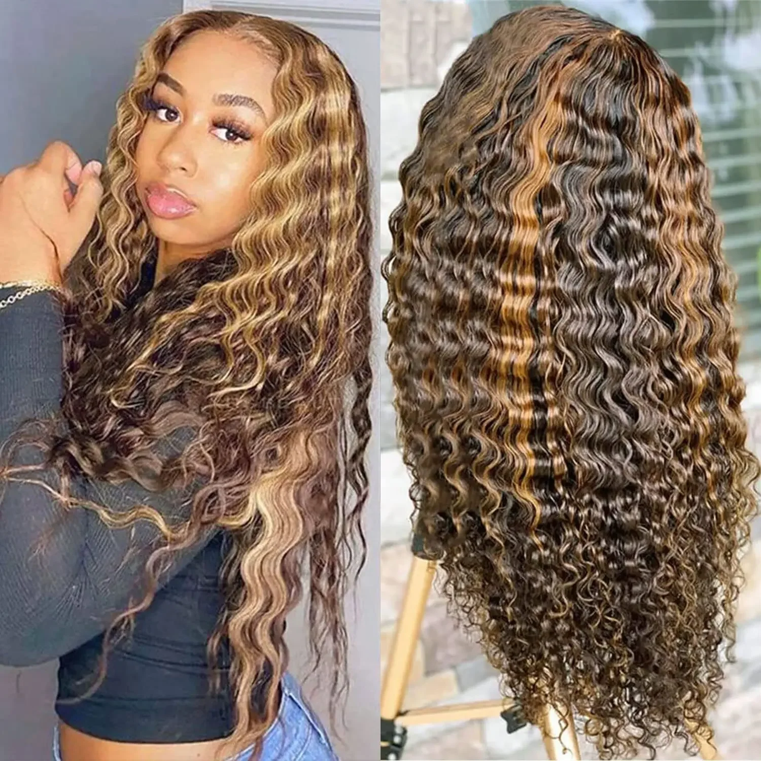 Parrucca lace front deep wave highlight capelli veri bionda_voghion.com