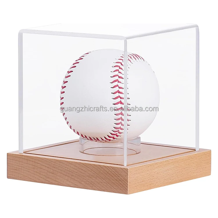 Softball Display Case With Led Light, UV Protected Cube With Wood Base