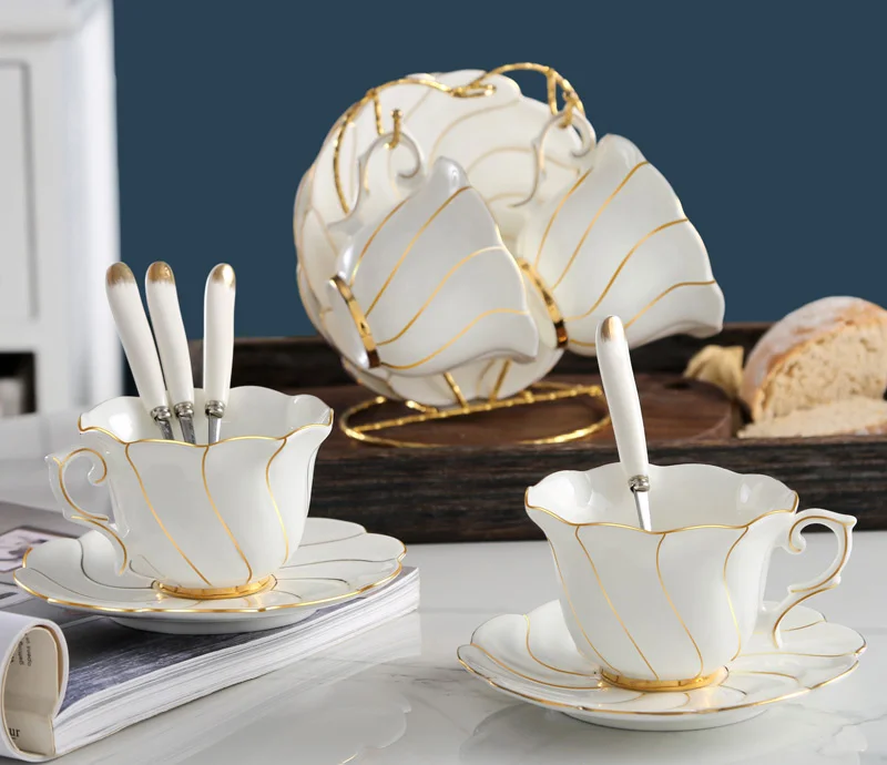 Arabic Bone China Cup Gold Rimmed Cappuccino Espresso White Porcelain Cup Saucers Tea Set factory