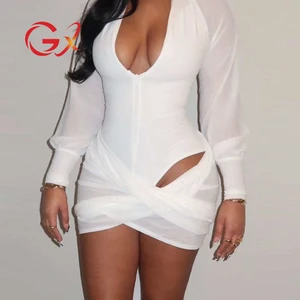 GX7909 Fashion Sexy Nigh Club Dresses Women Clothing Boutique Long Sleeve Party V-neck Mesh See Through Backless Mini Dress