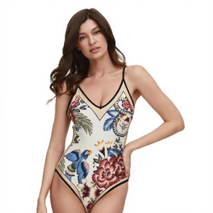 2026 New Women Handmade Front Logo Printed V-neck One-piece Flower Suspender High Waist Quick Dry Stretch Spandex/Polyester