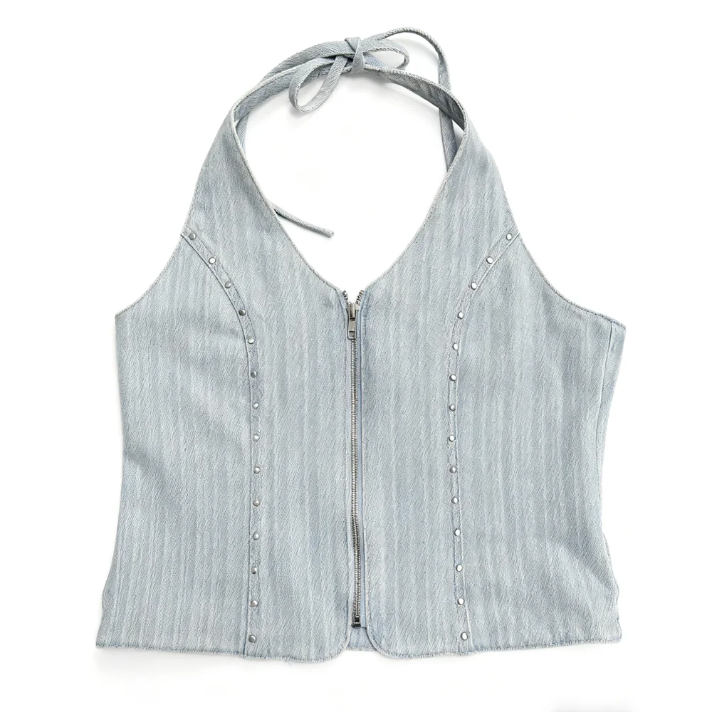 Customized Women Casual Striped Denim Halter Top Striped Straight-leg Jeans Top Pants 2-Piece Set