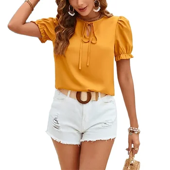 Hot Sale Women's Solid Color Tie Front Simple Blouse Elegant Short Sleeve Simple Temperament Chiffon Shirt Top