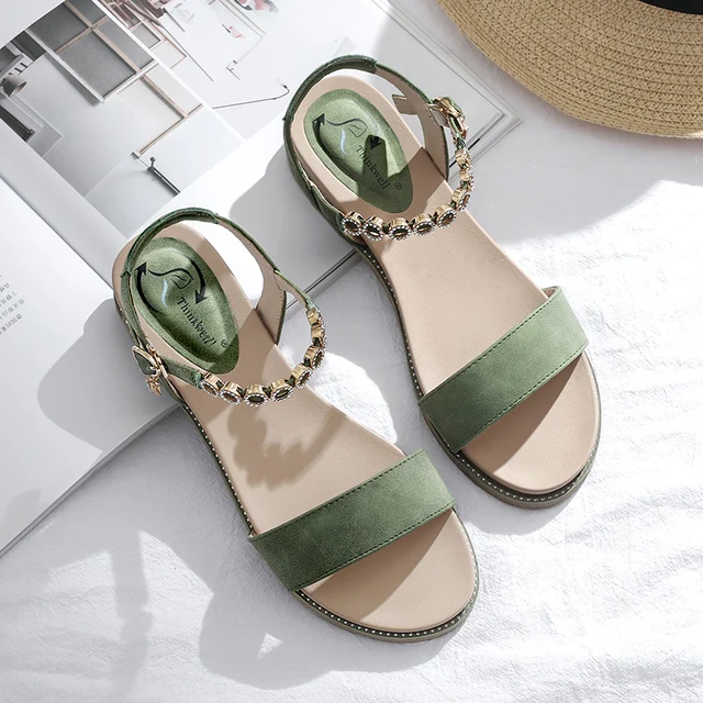 Soft green beige black fashion shining rhinestones ankle strap anti-slippery flat sandals for women and ladies 2022 summer