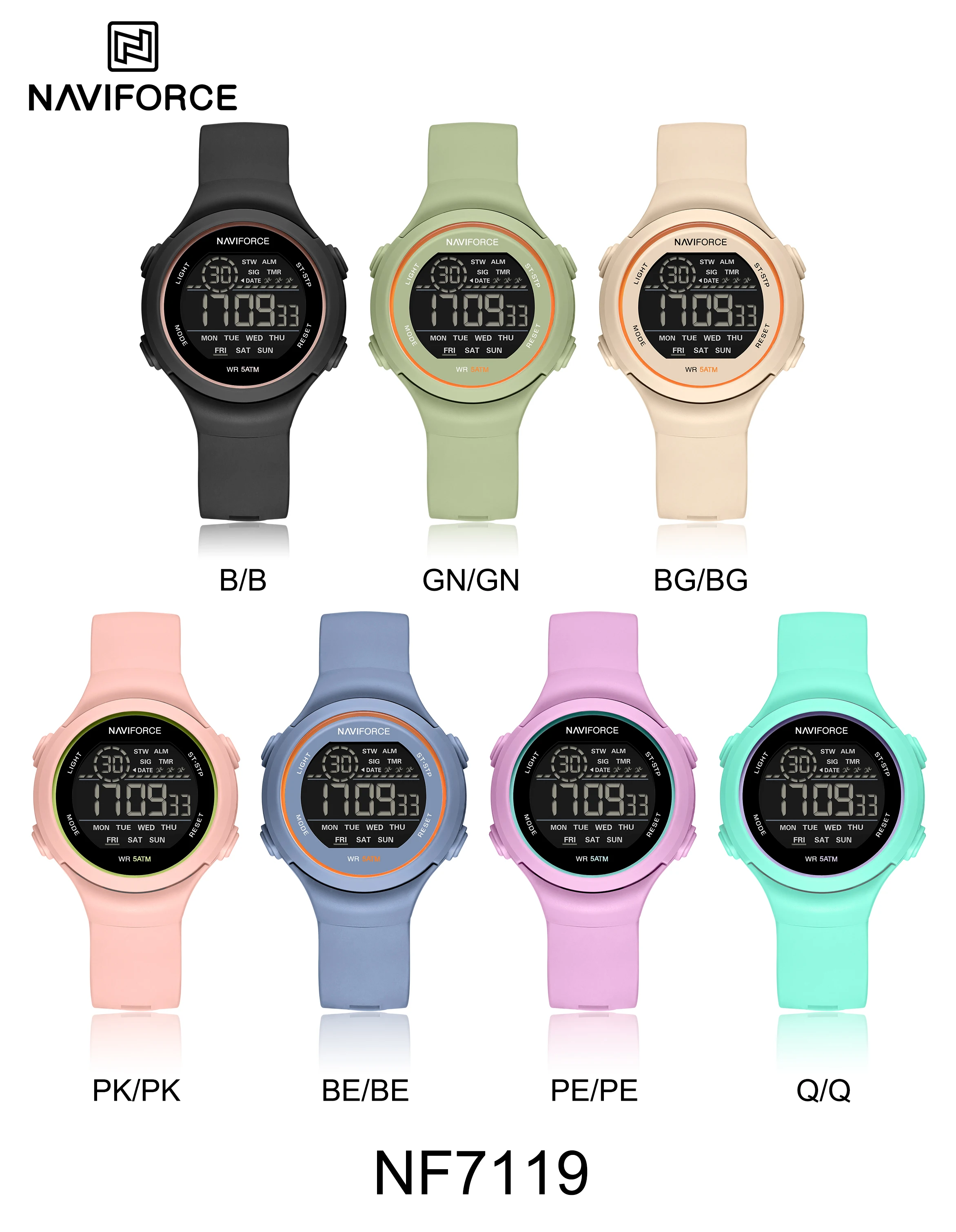 NAVIFORCE 7119 Watch for Woman Casual Waterproof Day and Date Display Silicone Strap Wristwatch LCD Digital Electronic Watches
