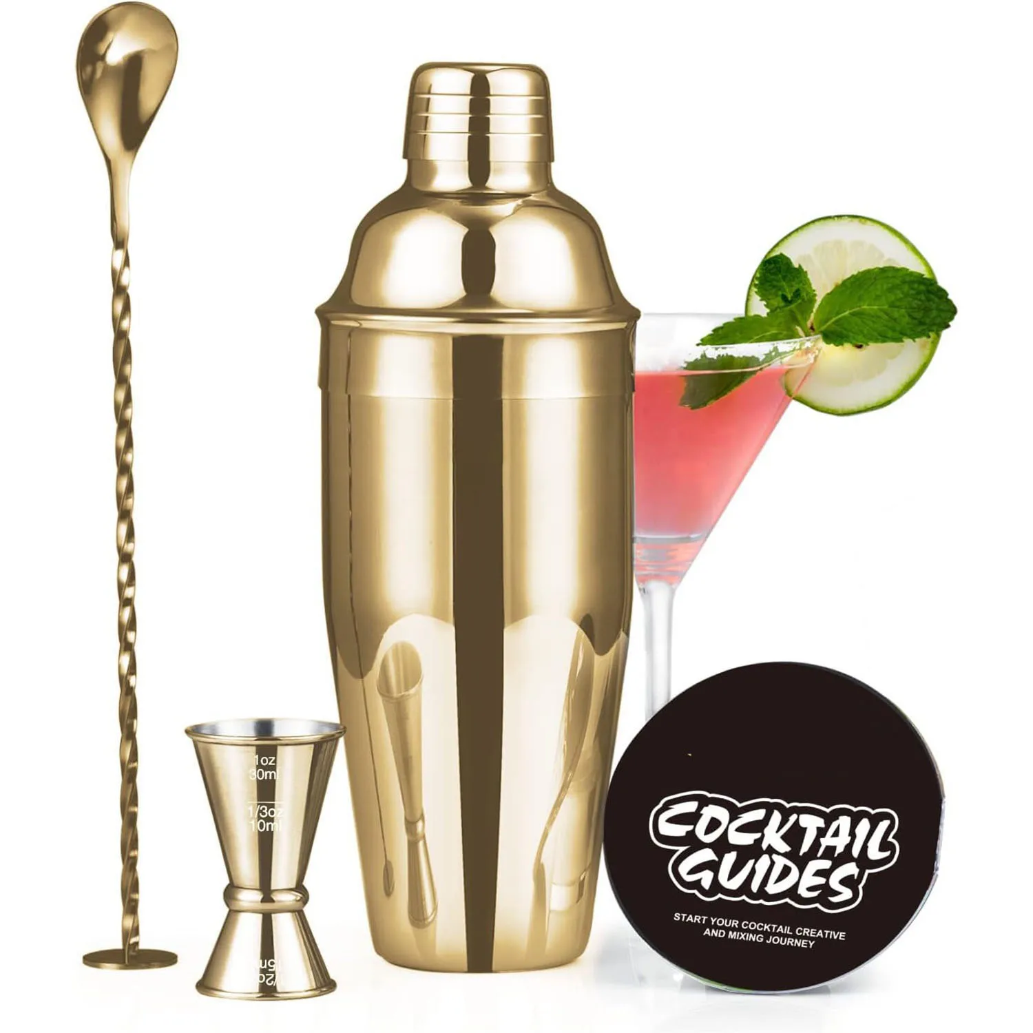 Sales Factory Hot Martini Kit Cocktail Shaker 3 Pcs Set Silver Stainless Steel 750ML Reusable Measuring Cup Jigger Bar Spoon with Custom Logo