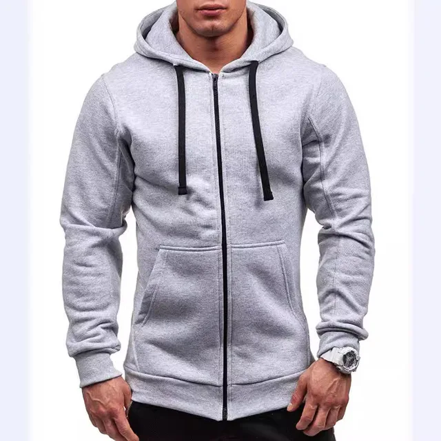 Autumn new men's fashion casual zipper hooded sweatshirt with pockets men's solid color cardigan sports jacket