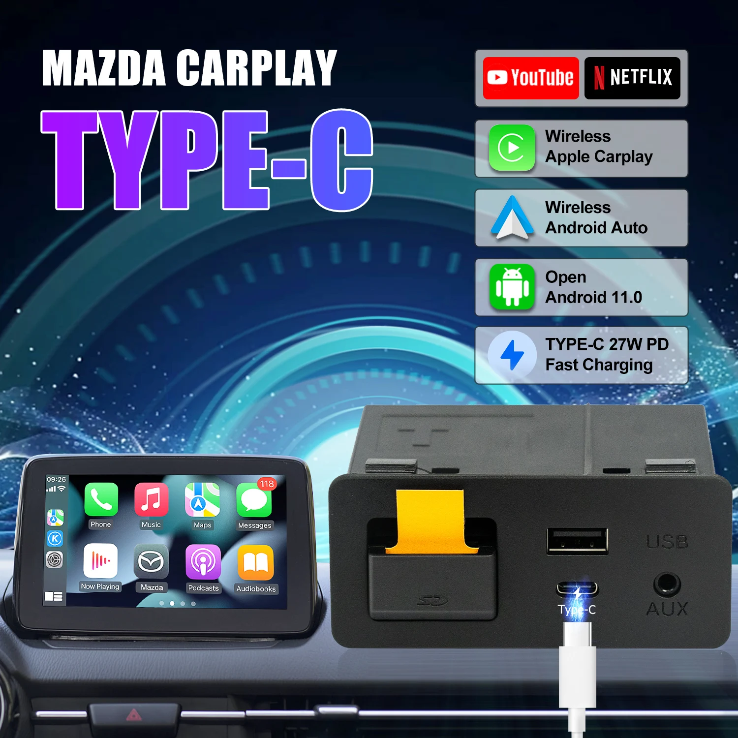 マツダ レトロフィット ワイヤレスType-C　TK78669U0C キット Type-C Mazda Wireless Carplay Retrofit Kit, Supports Netflix