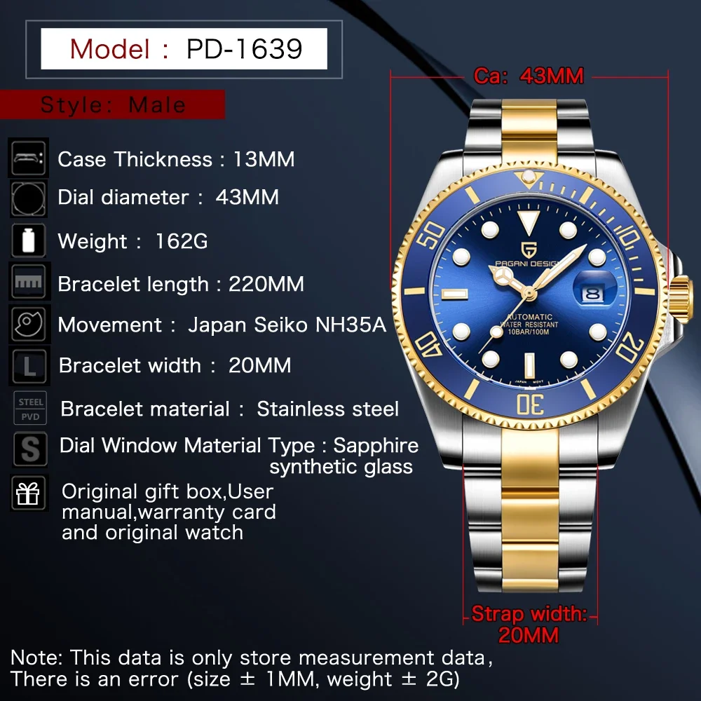 PAGANI DESIGN jam tangan pria, arloji Mekanikal otomatis 316L, Stainless  Steel safir anti air PD-1639