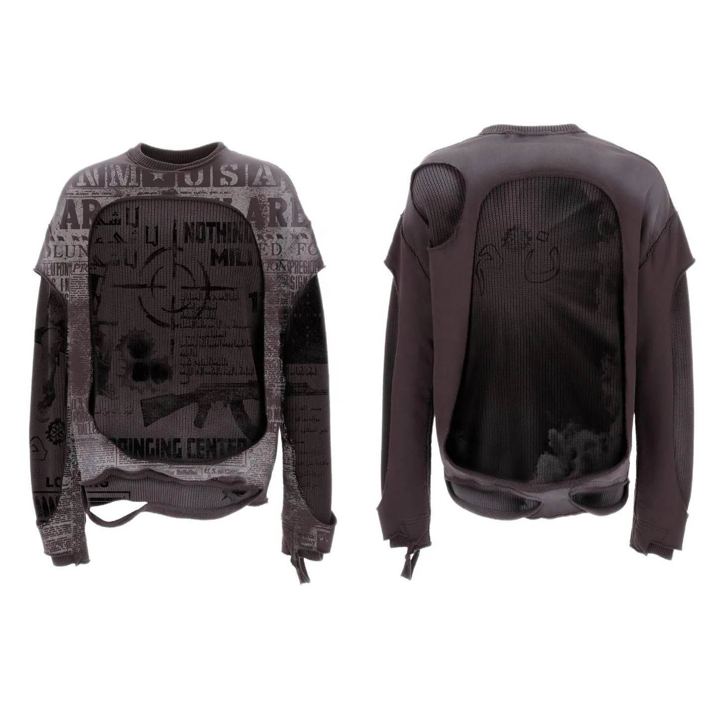 Salati Custom Stand Vintage Raw Hem Printed Logo Waffle Knit Oversized Double Layer Long Sleeve T-shirts Distressed Acid Wash gallery 5
